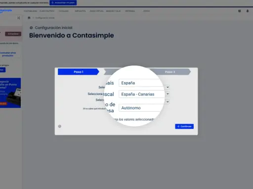Configuración de Contasimple: se selecciona "España - Canarias" como país, indicando la aplicación del IVA Canarias.