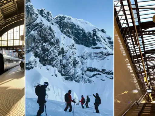 Tågstation, snöklädda berg och en trappa under ett glastak. En resa som visar hur fungerar interrail – från stad till vildmark.