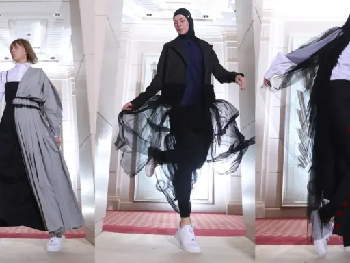 Three Saudi Arabian models showcase avant-garde fashion with flowing fabrics and bold silhouettes.