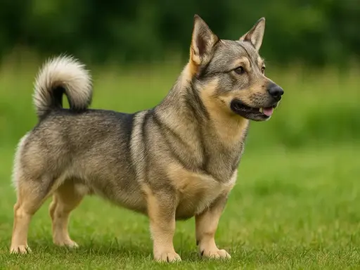 Un spitz des Wisigoths, au pelage gris et fauve, se tient fièrement sur l'herbe verte, la queue enroulée.
