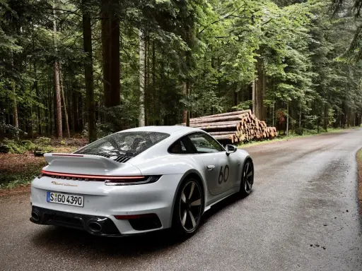 Ein weißer Porsche 911 mit der Nummer 60 auf der Seite fährt auf einer nassen Waldstraße. Die Beschleunigung von 0 auf 100 km/h ist beeindruckend.