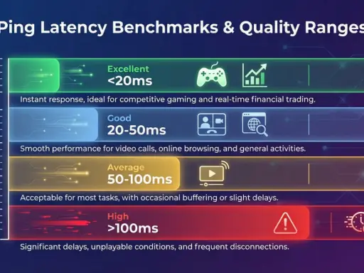 Diagramm zeigt Ping-Latenz-Bereiche: exzellent (<20ms) für Gaming, gut (20-50ms) für Videoanrufe, durchschnittlich (50-100ms) und hoch (>100ms) mit schlechter WLAN-Latenz.