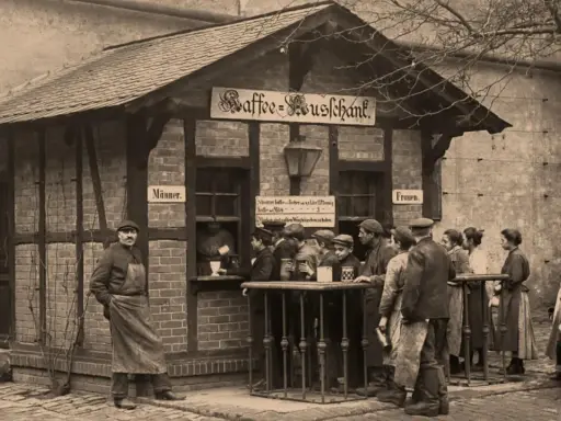 Arbeiter Schlange vor einem Kaffeehaus, ein Zeugnis der sozialen Frage der Industrialisierung. Männer und Frauen getrennt, um Kaffee zu kaufen.