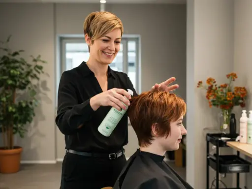 Friseurin sprüht veganes Produkt ins Haar einer Kundin. Ein moderner vegan friseur Salon.