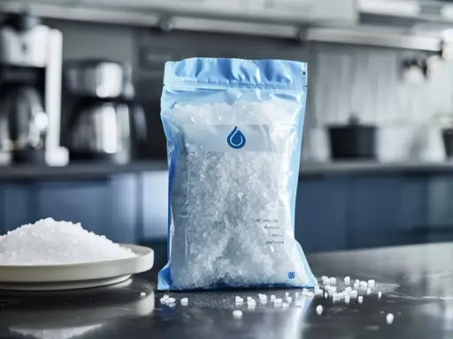 Un sachet de sel pour adoucisseur d'eau, avec une assiette de sel à côté. Idéal pour une consommation maîtrisée.