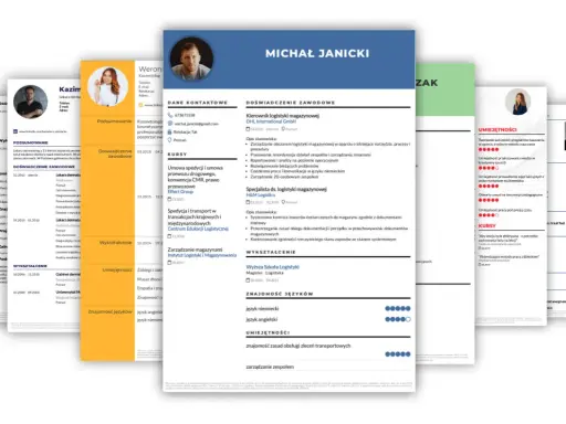 Michał Janicki, kierownik logistyki magazynowej, prezentuje swoje doświadczenie i umiejętności w CV. Szablon CV jest przejrzysty i zawiera kluczowe informacje.