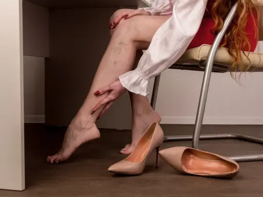 Kobieta z widocznymi żylakami na nogach wykonuje ćwiczenia na żylaki nóg, siedząc przy biurku.