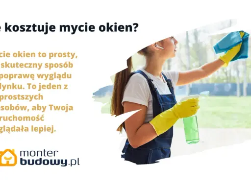 Kobieta w żółtych rękawiczkach myje okno niebieską ściereczką i spryskiwaczem.