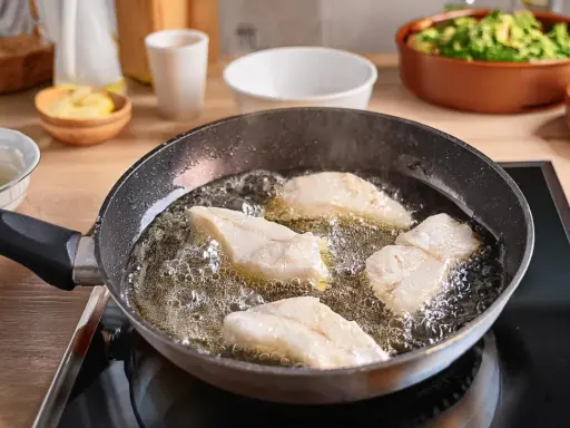 Kawałki ryby smażące się na patelni w gorącym oleju.