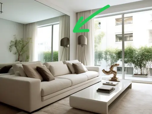 Un grand miroir reflète un salon moderne avec un canapé blanc et une table basse. Idéal pour savoir ou placer miroir salon.