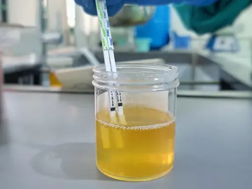 Testy paskowe zanurzone w próbce moczu, wskazujące na badanie pęcherza moczowego.