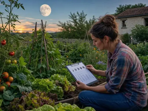 Une jardinière consulte un calendrier lunaire, planifiant ses semis. La pleine lune brille au-dessus d'un potager luxuriant, tomates et salades promettent une belle récolte.