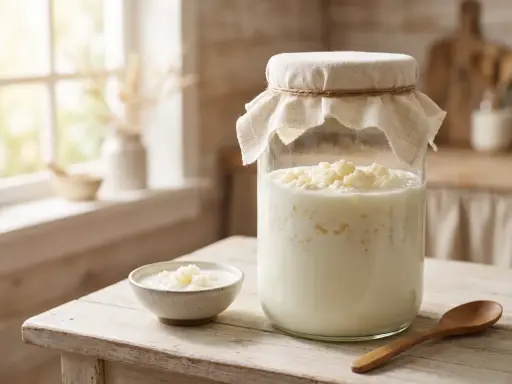 Ein Glas mit Kefir und eine kleine Schale mit Kefir-Körnern, die an Quark erinnern, stehen auf einem Holztisch.