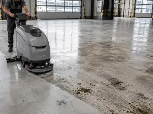 Profesjonalne czyszczenie posadzki betonowej za pomocą maszyny szorującej. Widać wyraźną różnicę między umytą a brudną powierzchnią.