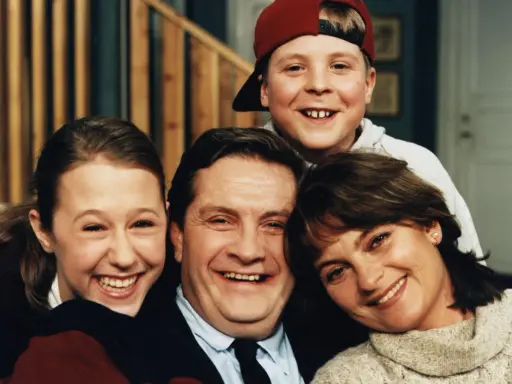 En glad familj, som hämtad ur svenska komedier, ler mot kameran. Pappa, mamma, dotter och son.