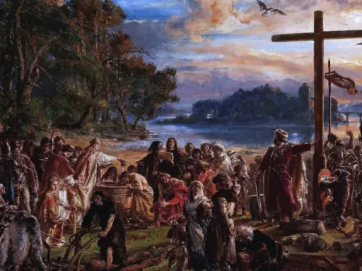 Scena chrztu Polski. Ludzie gromadzą się nad wodą, gdzie duchowny chrzci wiernych. W tle krzyż i zamek.