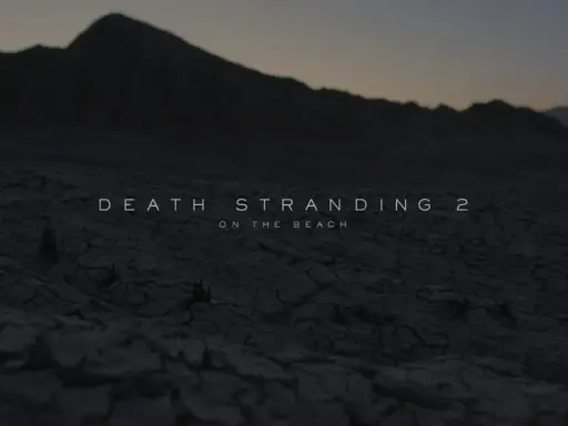Krajobraz pustynny z napisem "DEATH STRANDING 2 ON THE BEACH". Gra na PC zapowiada się mrocznie.