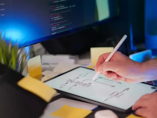 Programista szkicuje schemat blokowy na tablecie, planując implementację **typescript abstract class**. Na ekranie komputera widać kod.