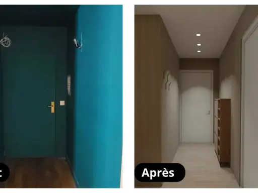 Avant/Après : un couloir étroit et sombre transformé en espace lumineux et moderne avec des étagères et un nouveau revêtement mural.