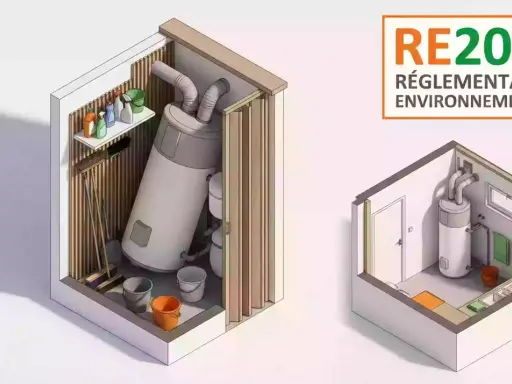 Comparaison de deux espaces techniques : l'un encombré, l'autre optimisé, en amont de la réglementation RE2020.