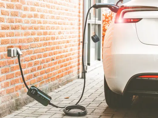 Cargando coche eléctrico a 16 amperios. El cable se conecta a la pared y al vehículo blanco.