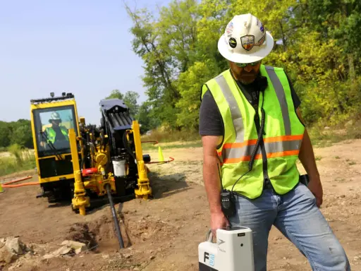 Trabajador supervisa una perforación horizontal dirigida con equipo especializado en un sitio de construcción.