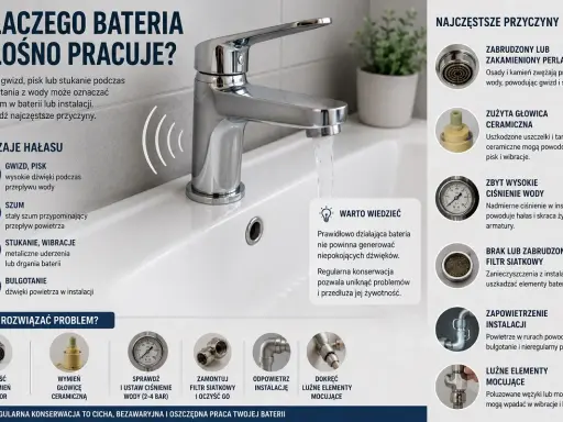 Wymiana głowicy w baterii dwuuchwytowej, czyszczenie perlatora, sprawdzenie ciśnienia wody i filtrów to klucz do cichej pracy baterii.