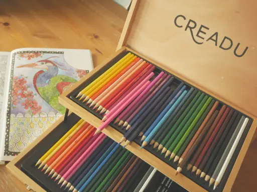 Miękkie kredki artysty malarza w drewnianej kasecie, obok kolorowanki z ptakiem.