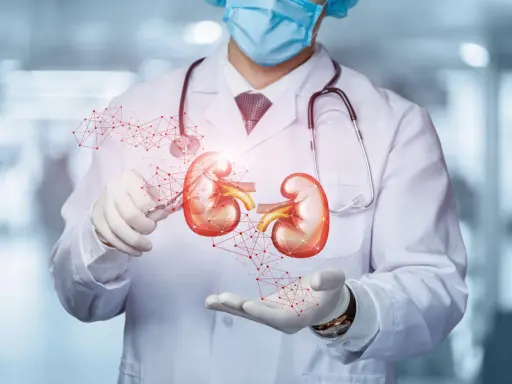 Lekarz w masce i rękawiczkach prezentuje model nerek, sugerując diagnostykę problemów, takich jak krew w moczu co oznacza.