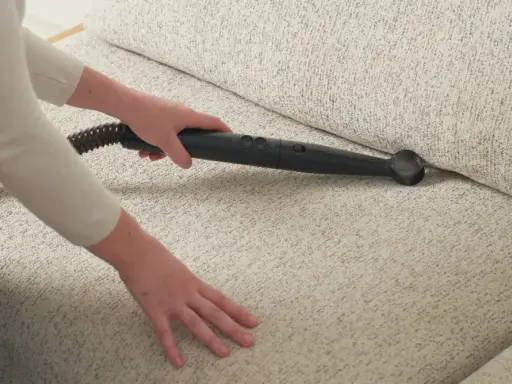 Person rengör soffa med ångtvätt för att få bort dålig lukt från ny matta.