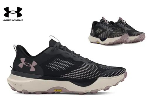 Czarne buty sportowe Under Armour z różowymi akcentami i podeszwą Vibram. Under Armour co to znaczy? To jakość i komfort dla aktywnych.