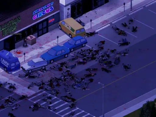 Scena z Project Zomboid: mnóstwo ciał na ulicy, samochody, budynki "Electron House" i "Sugafruit Circus". Wymagania gry są niskie, ale apokalipsa zombie wysoka.