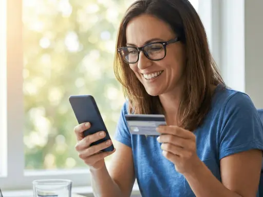 Mujer sonríe mientras usa su móvil y tarjeta para activar tarjeta BBVA.