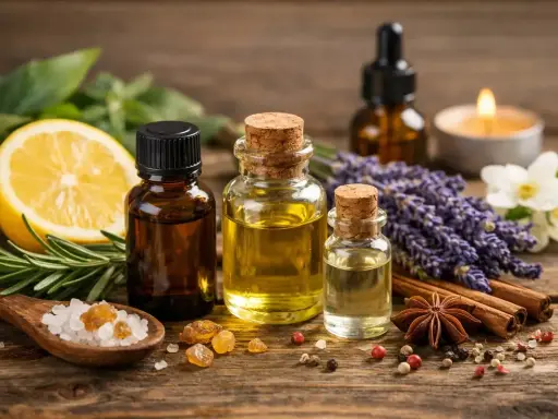 Aromatyczne olejki, w tym ten z nutą eugenolu, cytryna, lawenda i przyprawy na drewnianym tle.