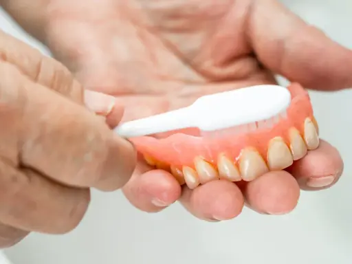 Dłonie czyszczą protezę zębową szczoteczką, pokazując jak usunąć kamień z plastiku.