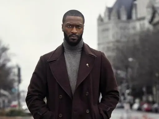 Alex Cross, un uomo con un cappotto scuro e un dolcevita grigio, guarda intensamente verso l'obiettivo.