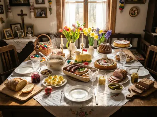 Stół zastawiony na Wielkanoc: babka, sernik, kiełbaski, pasztet, jajka faszerowane, chleb, ogórki, koszyk z pisankami. Ciekawy scenariusz wielkanocny.