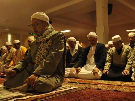 Männer in weißen Turbanten und traditioneller Kleidung knien auf Gebetsteppichen und verrichten das Taraweeh-Gebet.