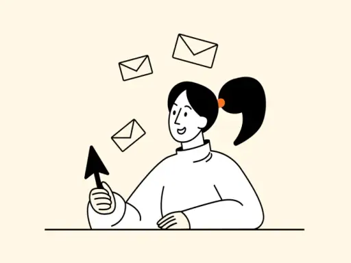 Uśmiechnięta dziewczyna z kucykiem trzyma kursor, a wokół niej latają koperty. Ilustracja pokazuje, jak napisać email.
