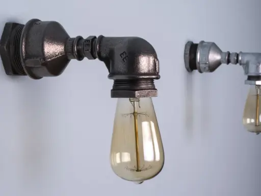 Dwie industrialne lampy z rurek, jedna większa, ciemniejsza, druga mniejsza, jaśniejsza, obie z żarówkami Edisona.