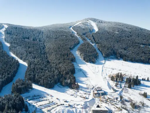 Widok z lotu ptaka na czarna góra resort, ośrodek górski z trasami narciarskimi wśród ośnieżonych lasów i budynkami u podnóża góry.