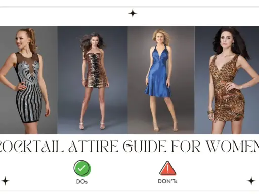 Four women showcase formal cocktail attire: sequined black, tiger-print strapless, blue satin halter, and leopard-print sheath dresses.