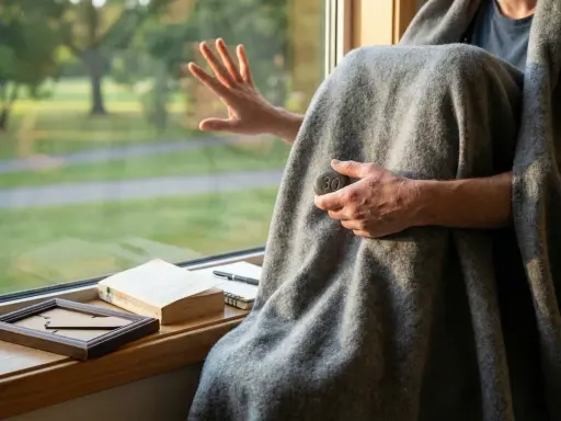 Osoba owinięta kocem trzyma kamień z cyfrą 30, zastanawiając się, ile trwa terapia uzależnień.