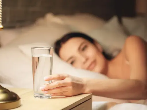 Une main attrape un verre d'eau posé à droite sur une table de chevet, une femme se réveille en arrière-plan.
