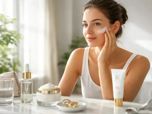 Une femme applique une crème solaire SPF 50. La question est : crème solaire avant ou après crème de jour ?