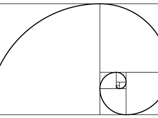 En illustration av gyllene snittet konst, med en spiral som växer i storlek genom kvadrater.