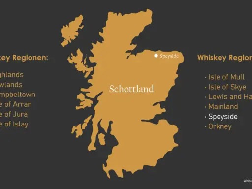 Karte Schottlands mit markierten Whiskey Regionen. Speyside ist hervorgehoben.