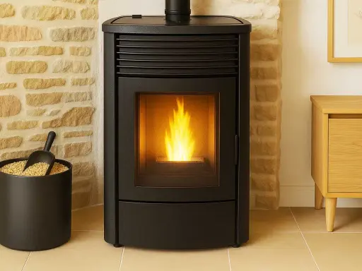 Poêle à granulés sans ventilation, flammes vives dans la vitre, à côté d'un seau de granulés et d'un meuble en bois.