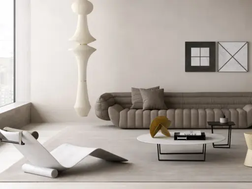Un angolo relax salotto con chaise longue di design, divano imbottito, tavolino con libro Vogue e un'imponente lampada a sospensione.