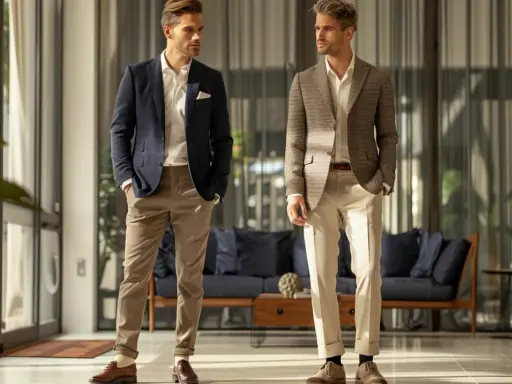 Two men showcase stylish sport coat color combinations. One wears a navy blazer with tan pants, the other a brown patterned blazer with cream trousers.